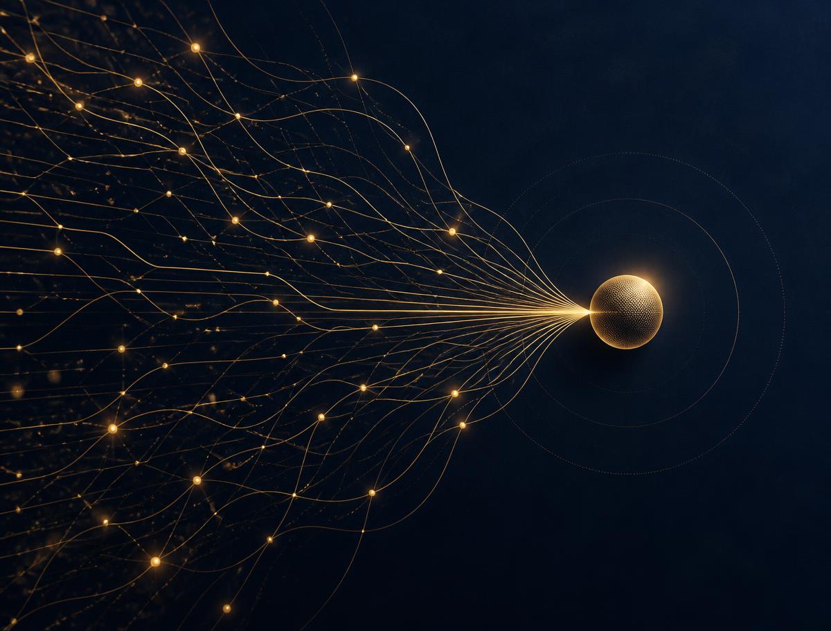 Gold network of data pathways converging into a single decision point on navy