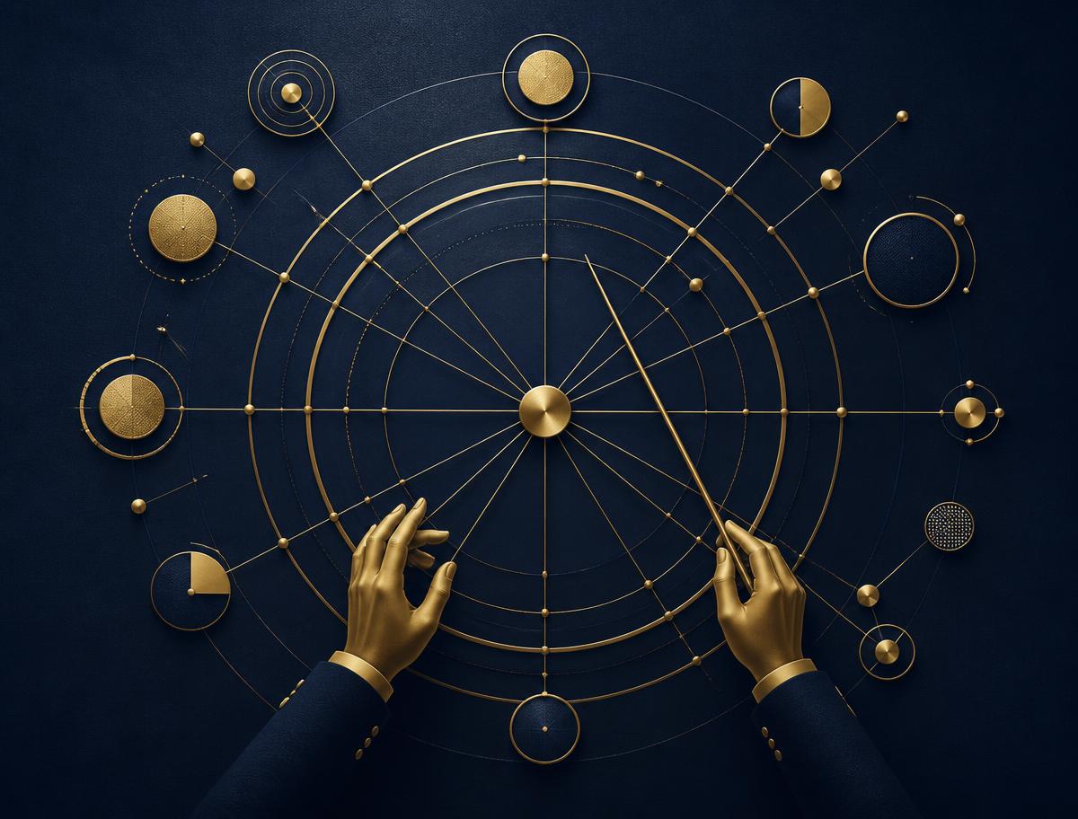 Gold conductor's hands over concentric rings coordinating multiple workstreams