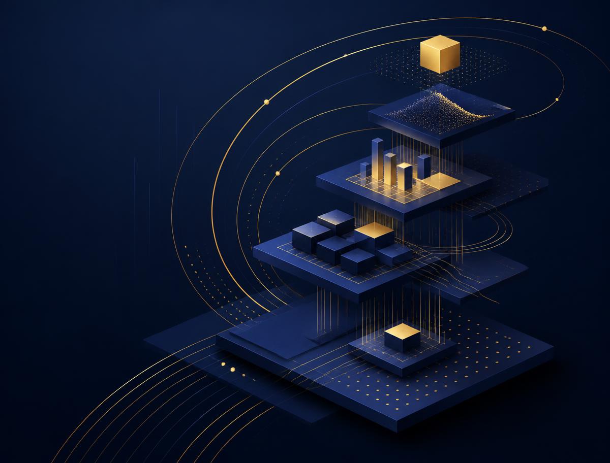 Layered isometric platforms with gold data flows representing modernization